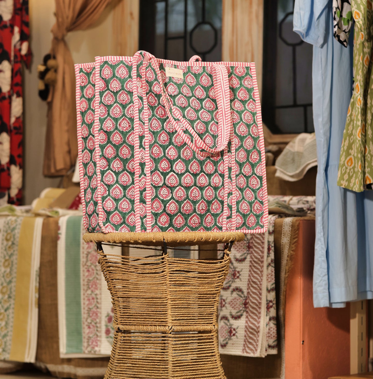 Pink and green canvas tote