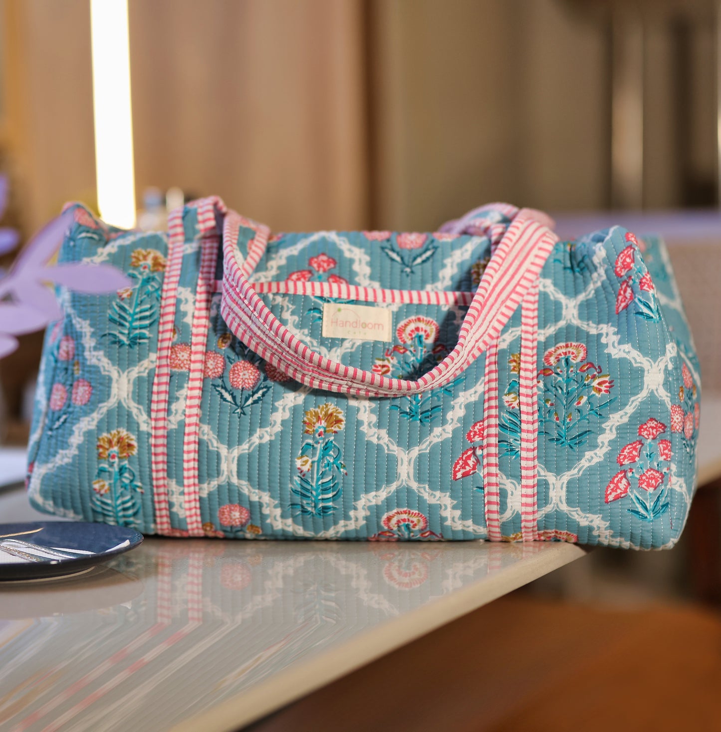 Turquoise Floral Quilted Duffle Bag