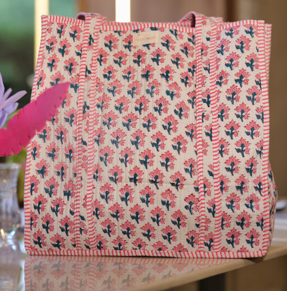 Pink and Blue Floral Handloom Tote Bag