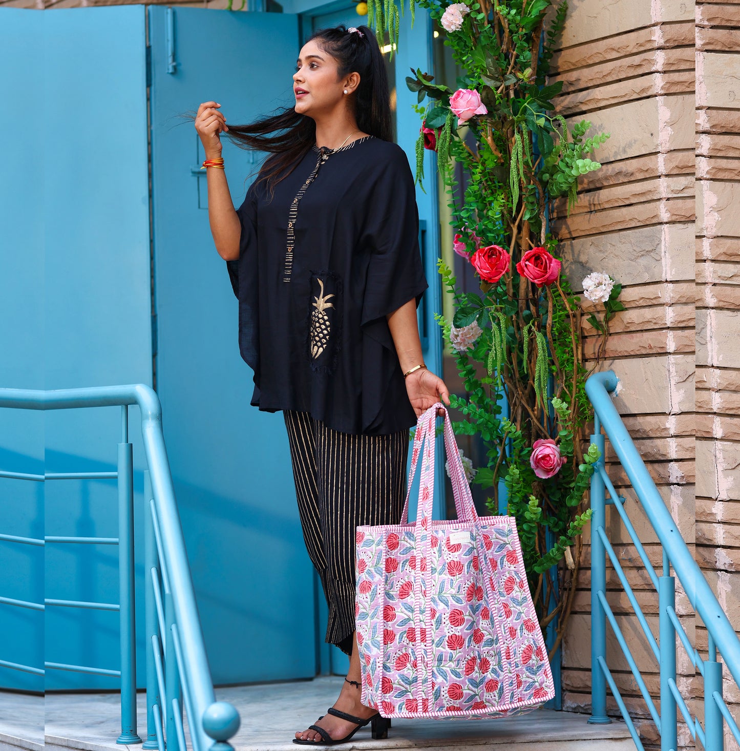 Bold red floral cotton Tote bag