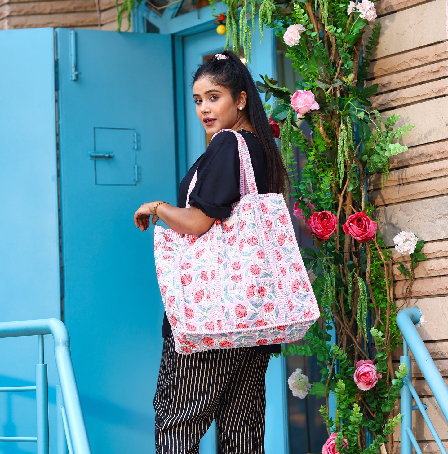 Bold red floral cotton Tote bag