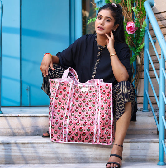 Pink Floral Pattern Cotton Tote Bag