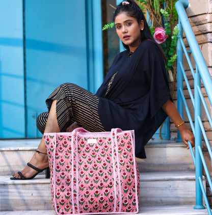 Pink Floral Pattern Cotton Tote Bag