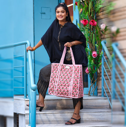 Pink Floral Pattern Cotton Tote Bag