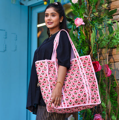 Pink Floral Pattern Cotton Tote Bag