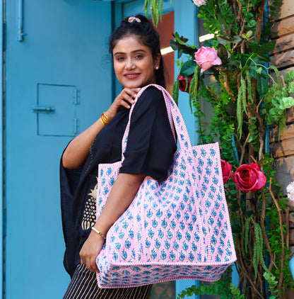 Handcrafted Pink & Blue Floral Quilted Tote Bag