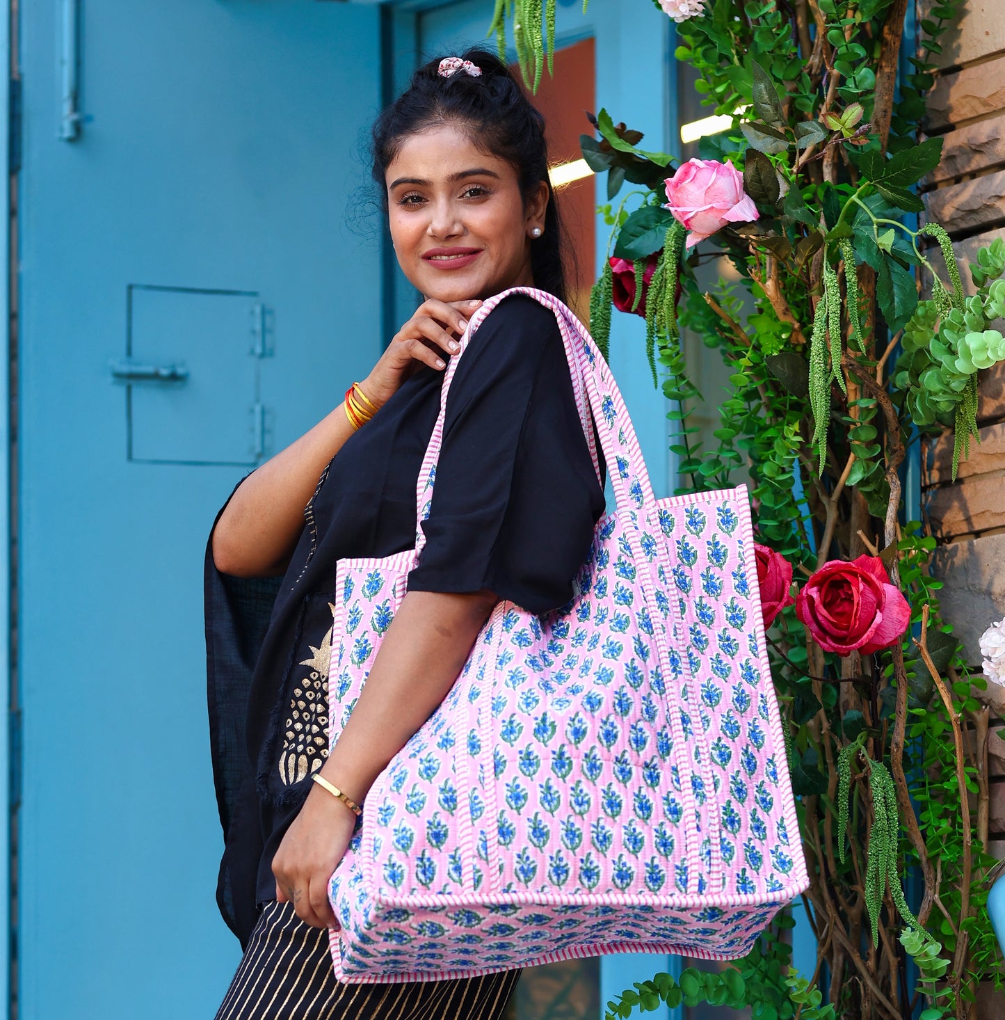 Pink and Blue Floral Pattern Cotton Tote Bag with Stripes