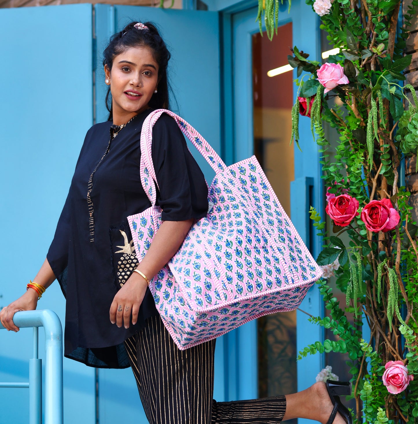 Pink and Blue Floral Pattern Cotton Tote Bag with Stripes