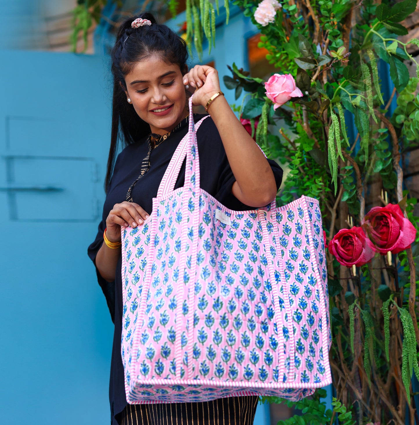 Pink and Blue Floral Pattern Cotton Tote Bag with Stripes