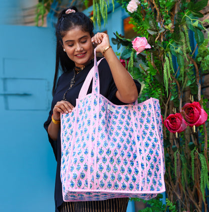 Handcrafted Pink & Blue Floral Quilted Tote Bag