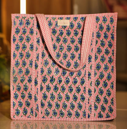 Pink and Blue Floral Pattern Cotton Tote Bag with Stripes